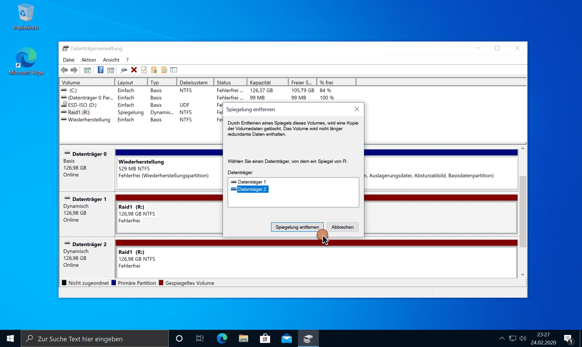 Windows Raid 1 auflösen und Spiegelung löschen