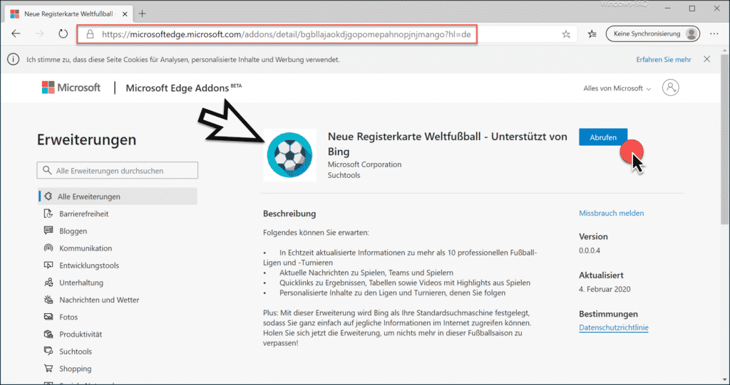 Weltfußball Registerkarte (TAB) im neuen Edge Chromium installieren