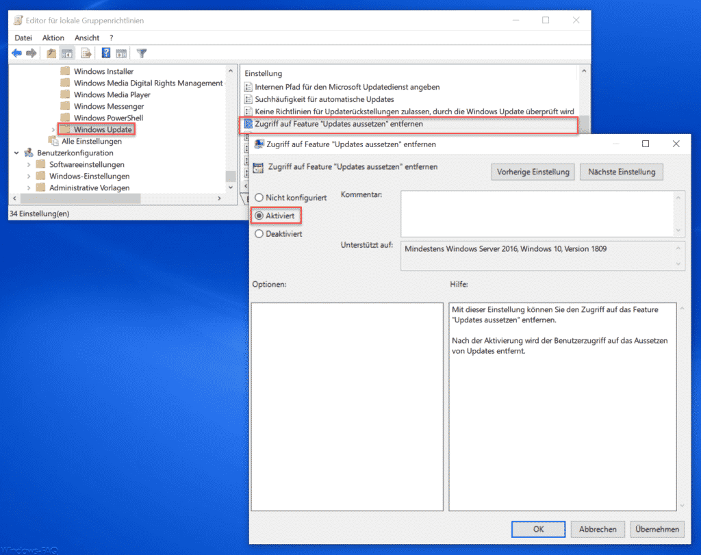 Zugriff auf Feature Updates aussetzen entfernen