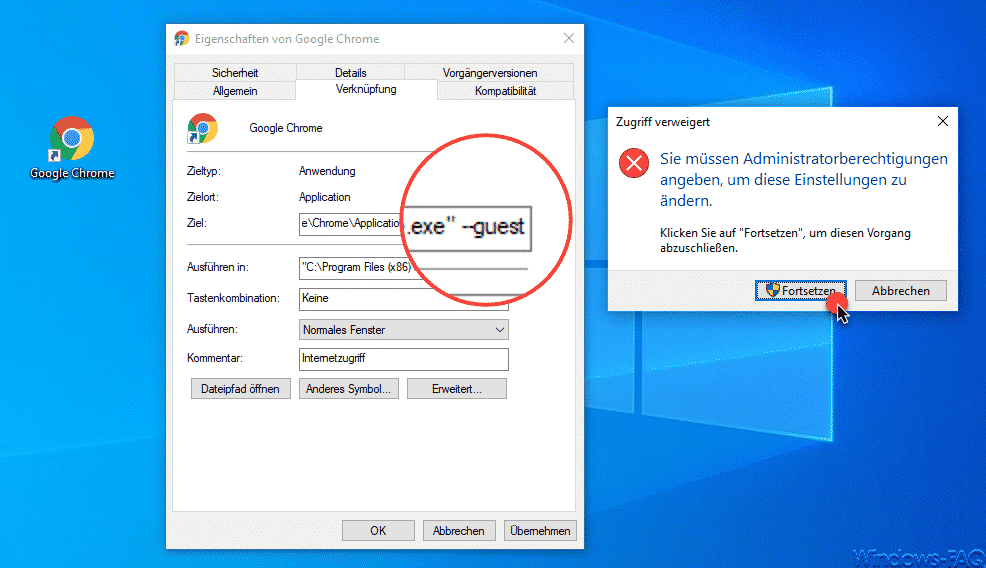 Chrome Verknüpfung Gastmodus