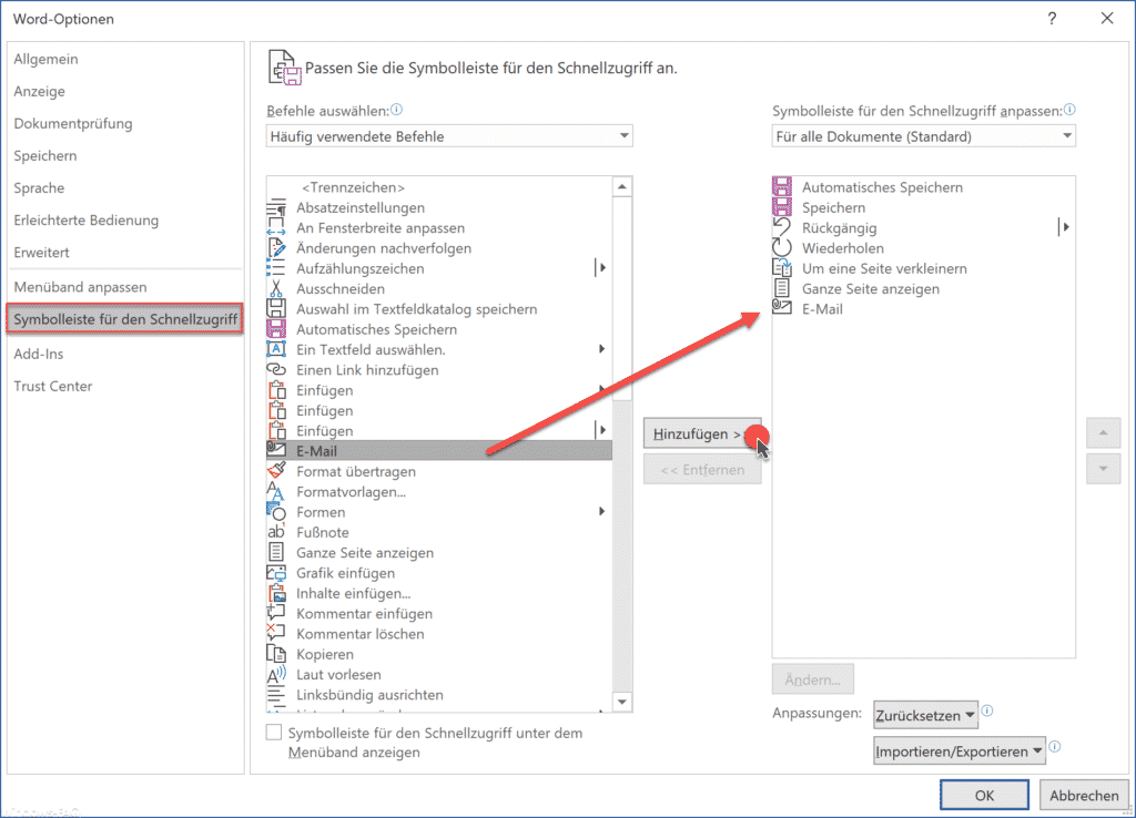 E-Mail in Word Symbolleiste aufnehmen