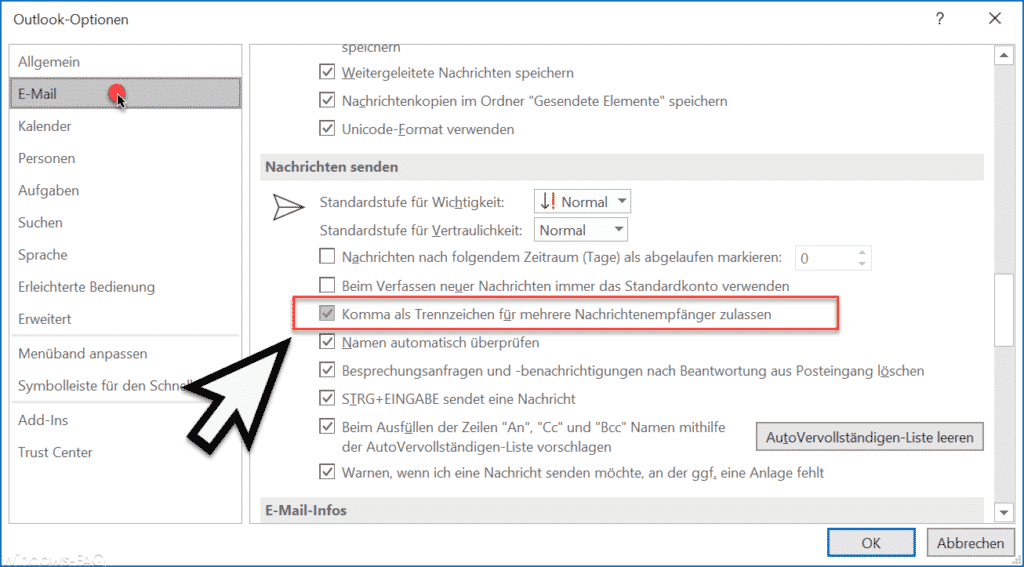Komma als Trennzeichen für mehrere Nachrichtenempfänger zulassen