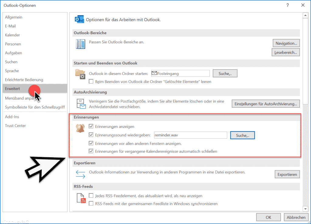Outlook Erinnerungen einrichten