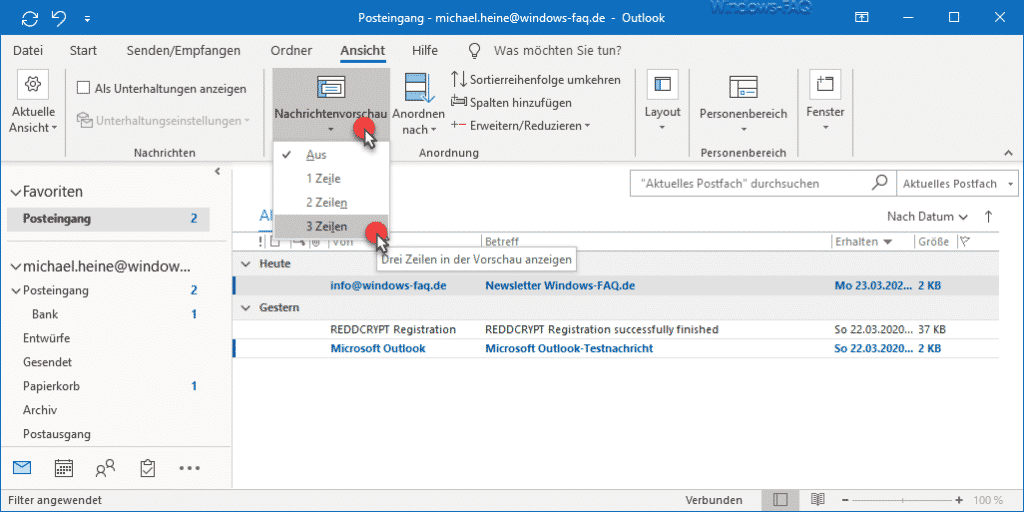 Outlook Nachrichtenvorschau einrichten