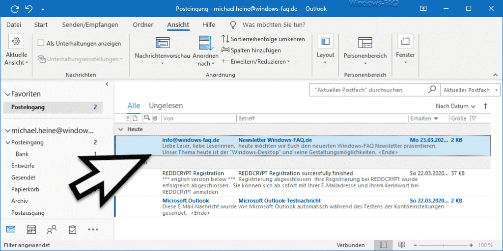 Outlook mit Nachrichtenvorschau