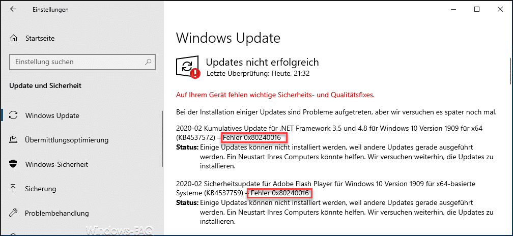Windows Update Fehlercode 0x80240016