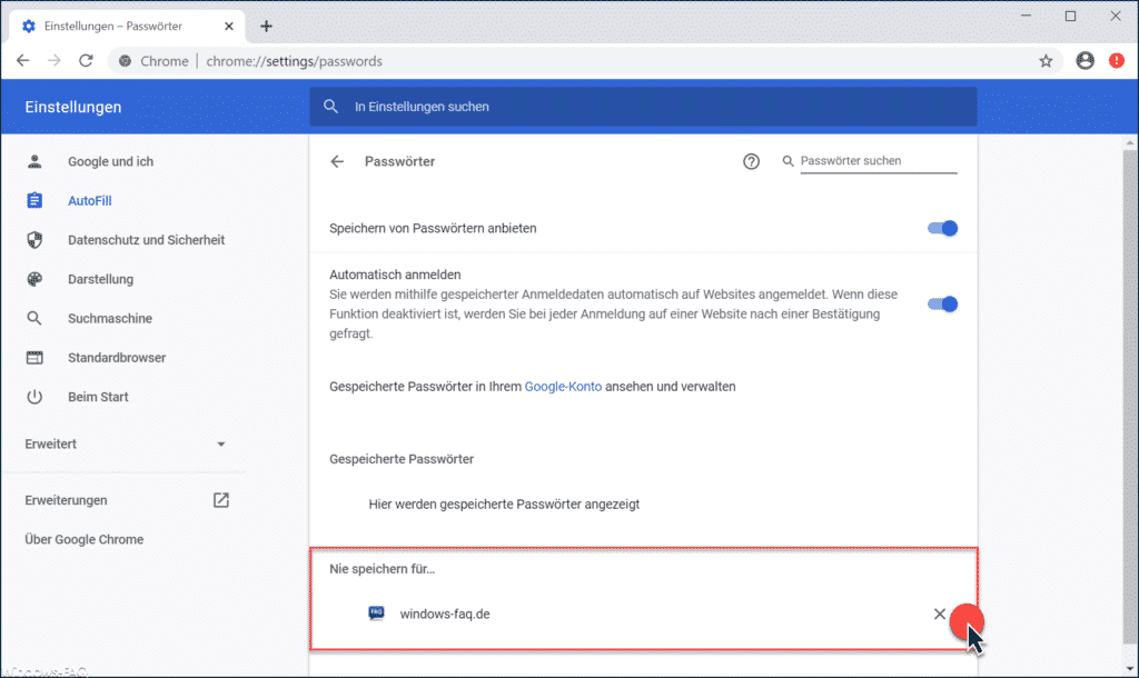 Chrome Passwörter nie speichern für...