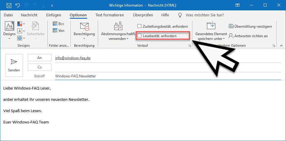 Outlook Lesebestätigung anfordern