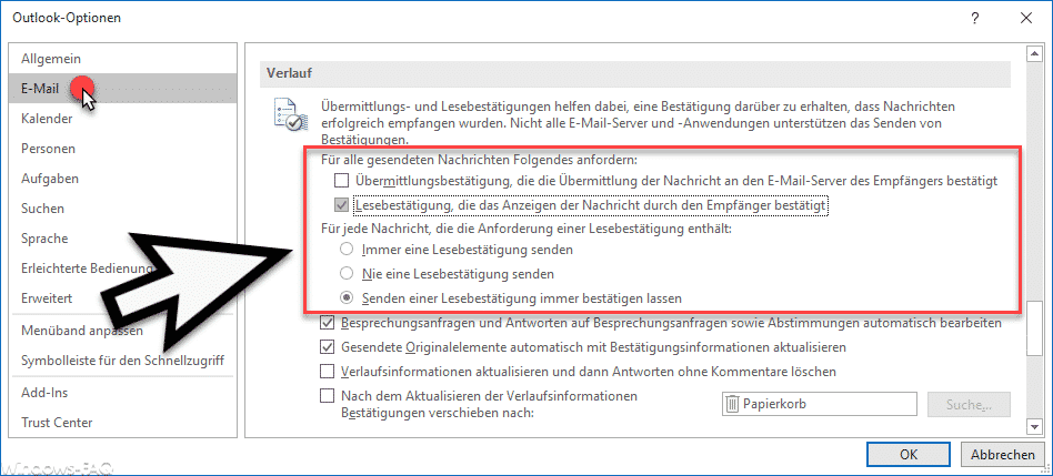 Lesebestätigung bei Outlook anfordern