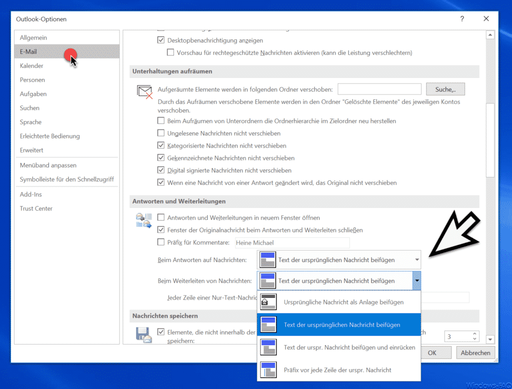 Outlook Text der ursprünglichen Nachricht beifügen