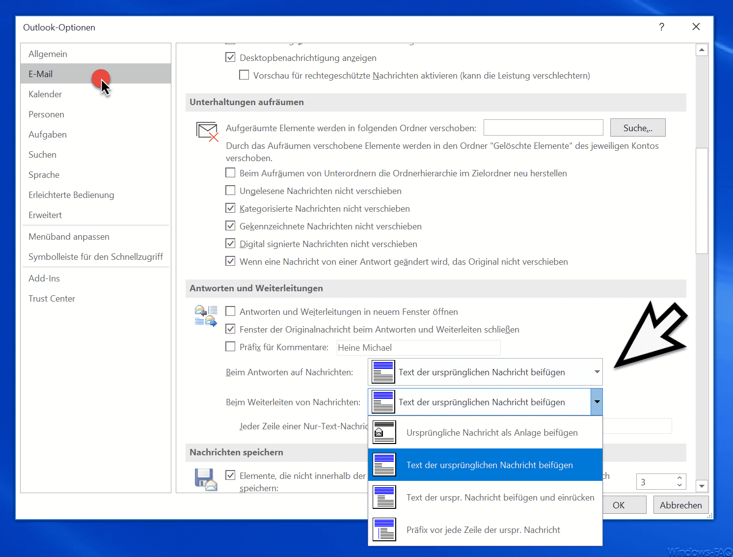 Im Outlook den Text der ursprünglichen Nachricht beifügen, einrücken oder als Anlage anhängen