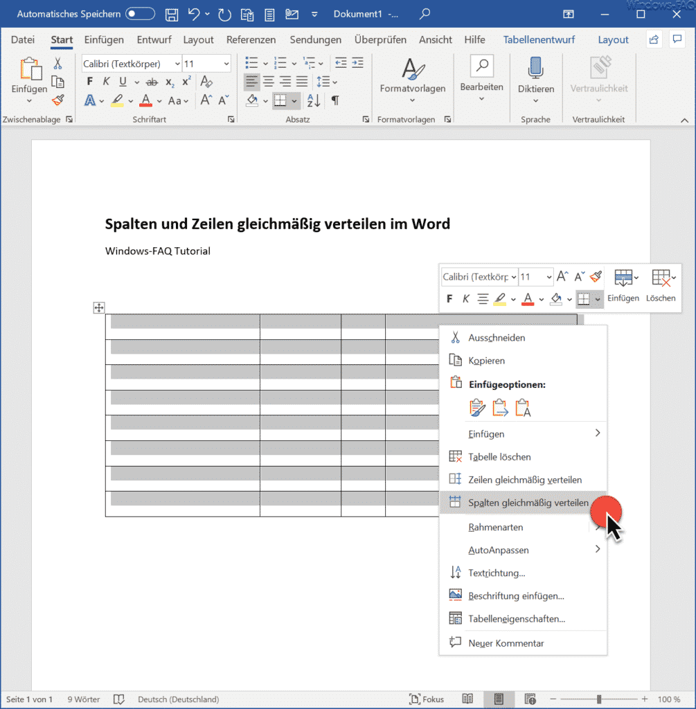 Spalten gleichmäßig verteilen im Word