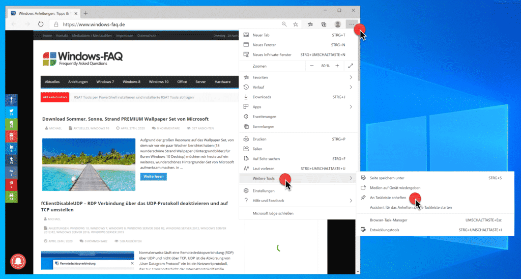 Webseite an Taskleiste anheften