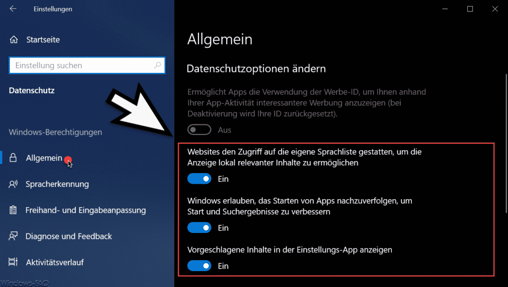 Windows 10 Datenschutzoptionen