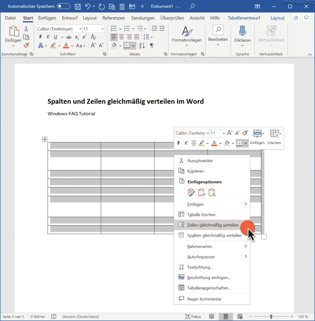 Zeilen gleichmäßig verteilen im Word