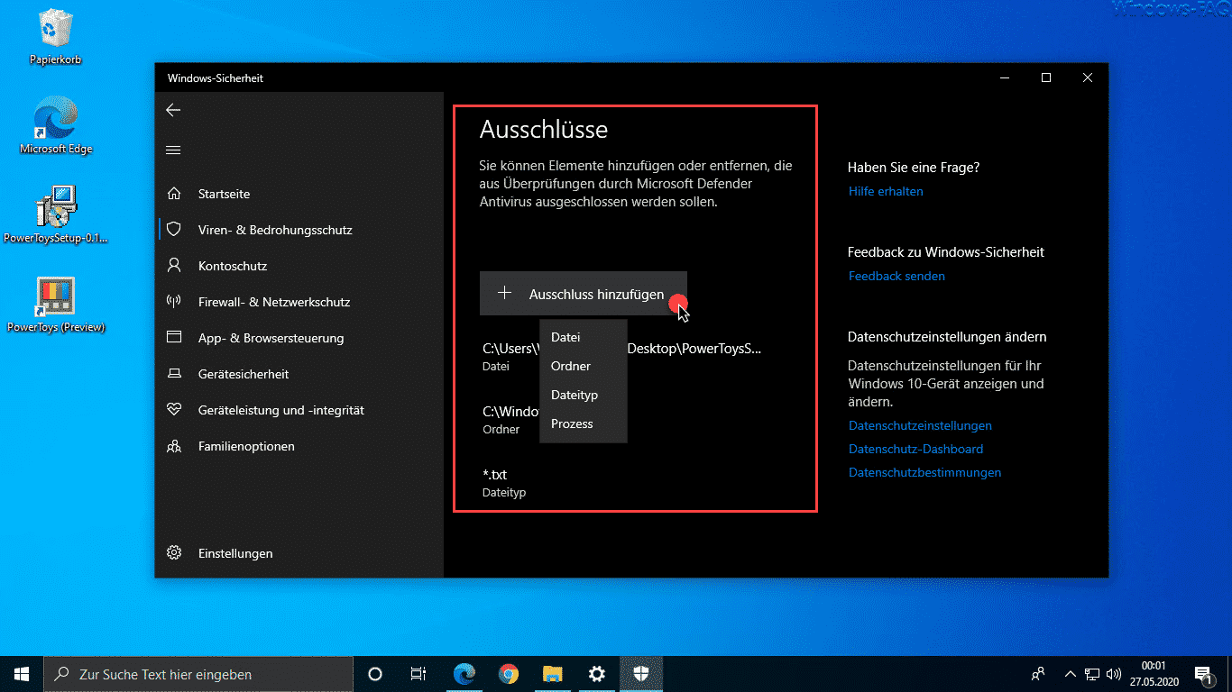 Windows Defender Ausschlüsse für Dateien, Dateitypen, Ordner und Windows Prozesse einrichten
