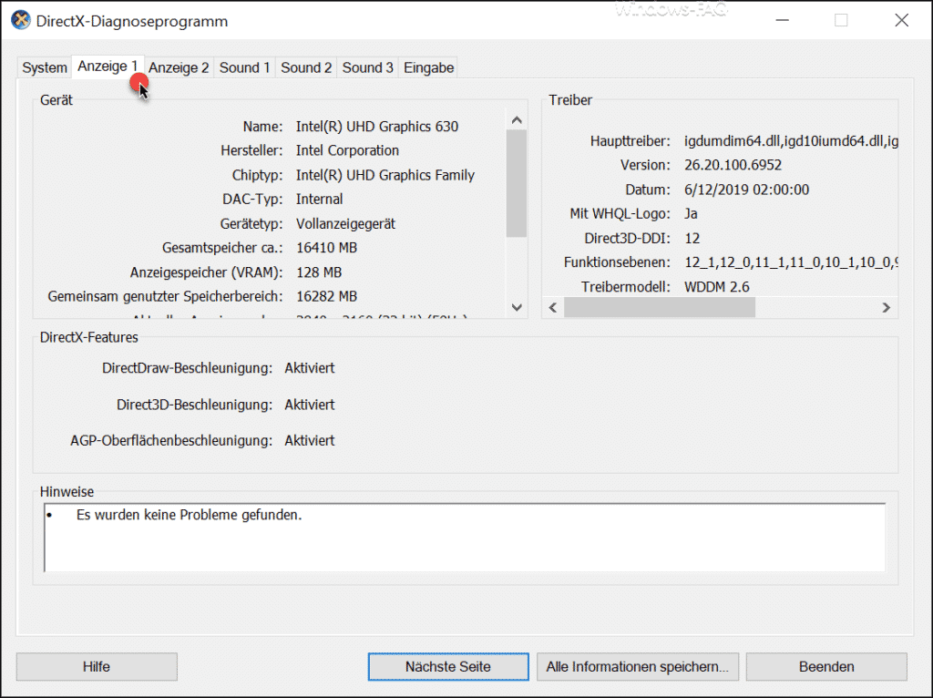 DirectX-Diagnoseprogramm Anzeige