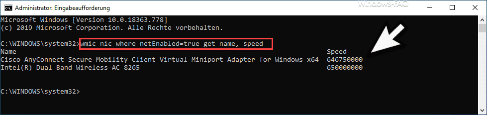 Netzwerkgeschwindigkeit LAN WLAN mit wmic abfragen