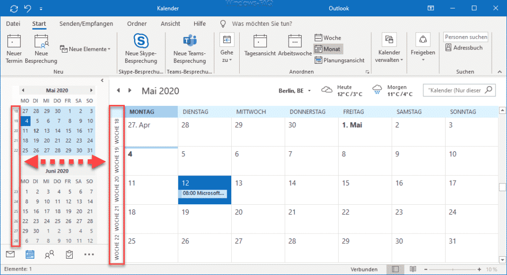 Outlook Kalender mit Wochennummern