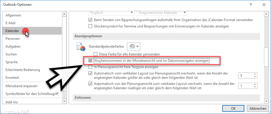 Wochennummern in der Monatsansicht und im Datumsnavigator anzeigen