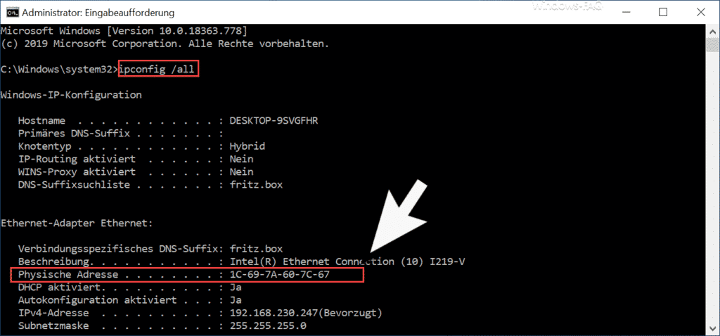 ipconfig all MAC Adresse