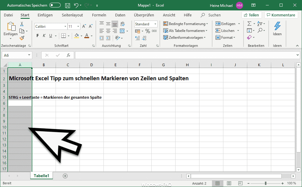 Excel Tipp - Markieren der ganzen Spalte mit STRG + Leertaste
