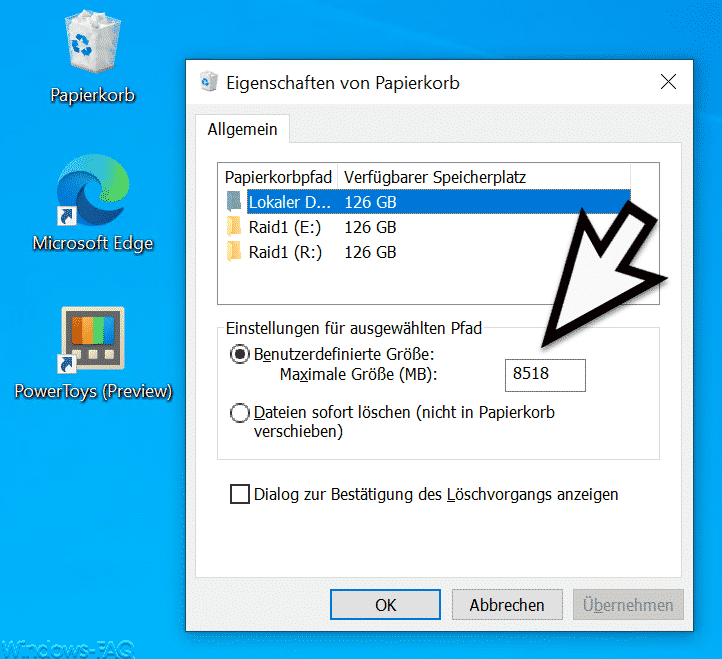 Größe des Windows Papierkorbs ändern