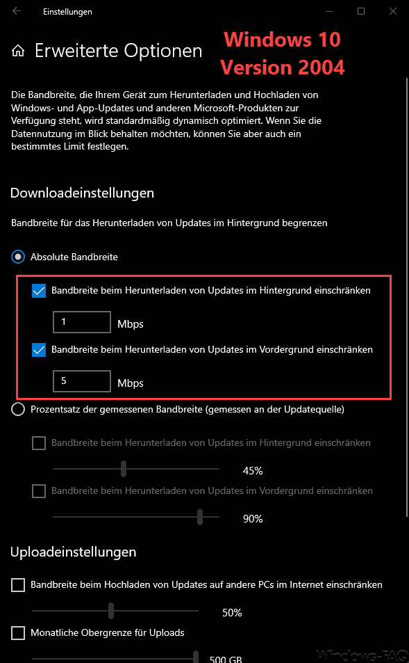 Windows 10 Update Downloadbandbreite in fester Größe MBit/s festlegen – 2004 Feature