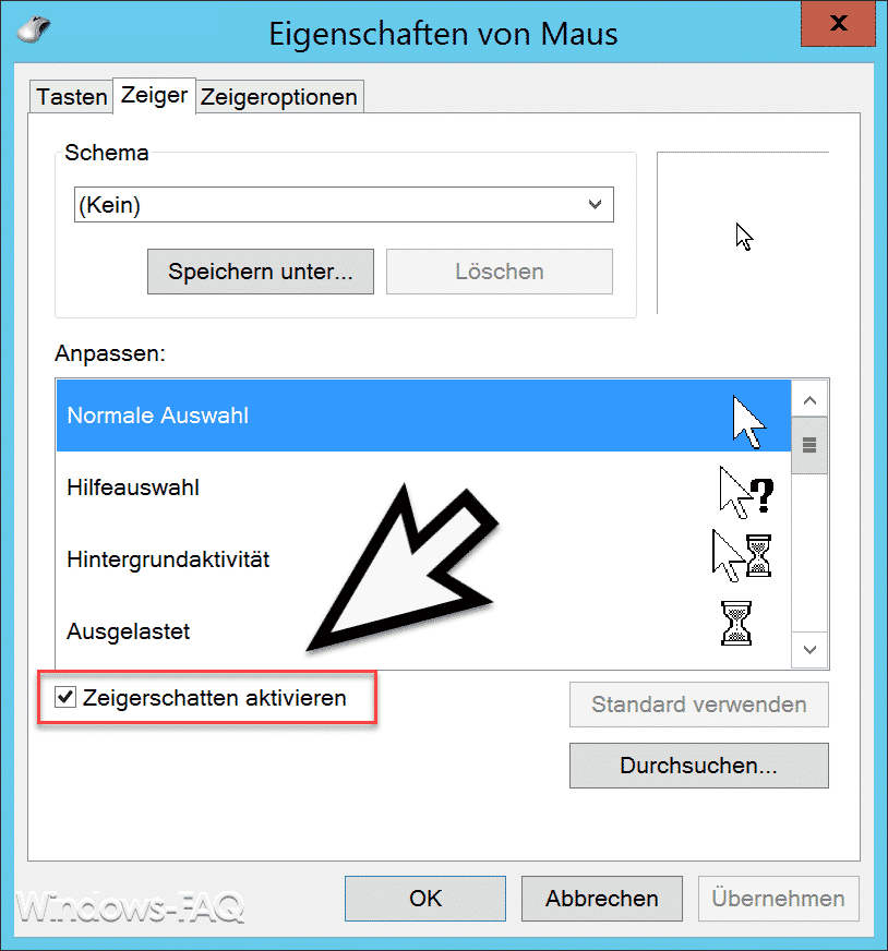 Maus Zeigerschatten aktivieren