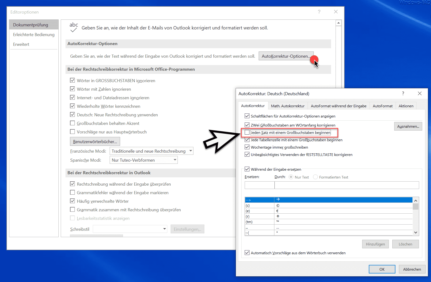 Outlook – Jeden Satz mit einem Großbuchstaben beginnen