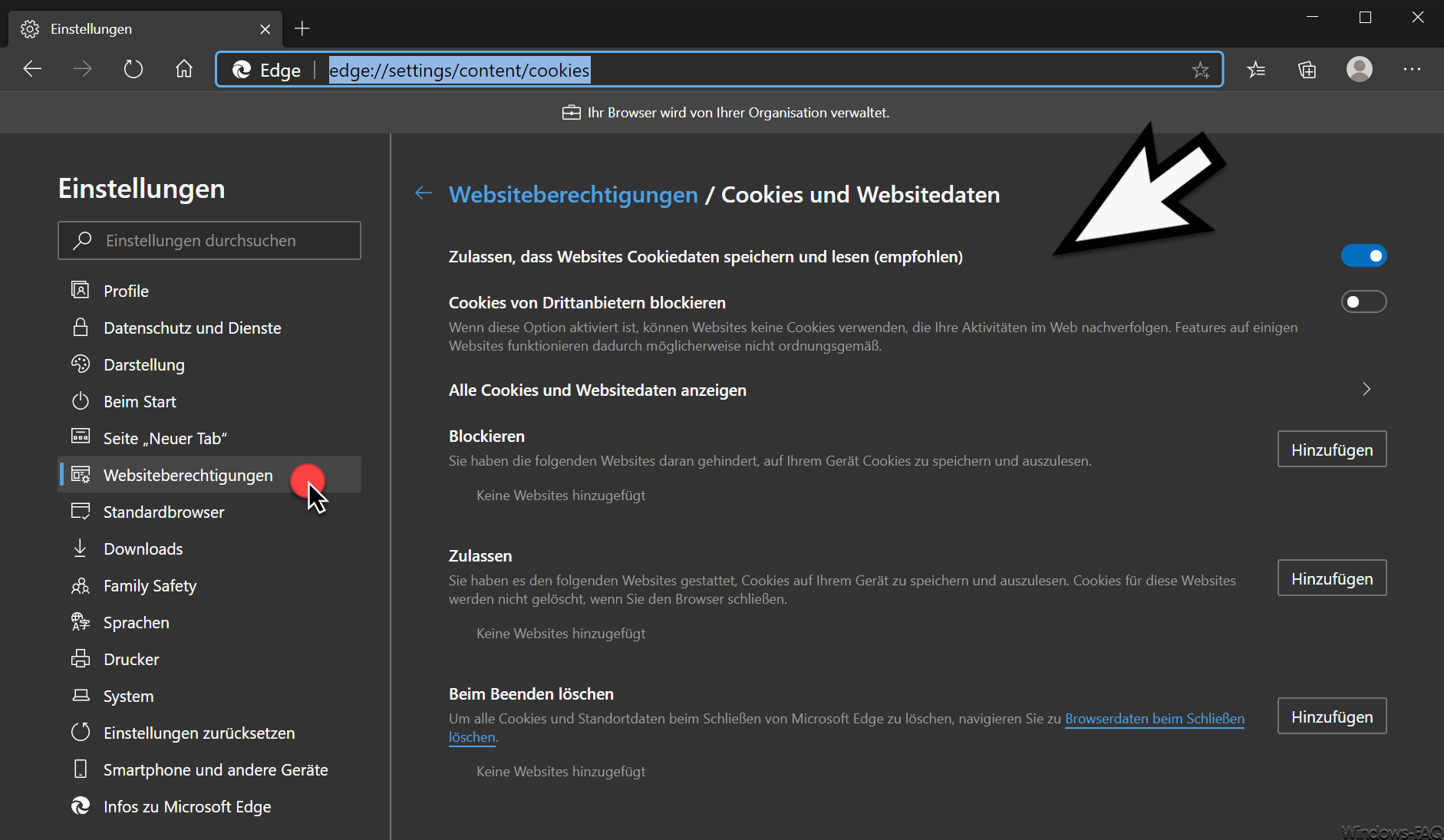 Cookies deaktivieren im Edge Chromium