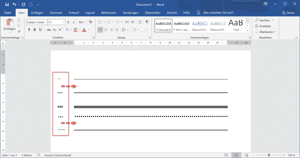 Word Linien zeichnen