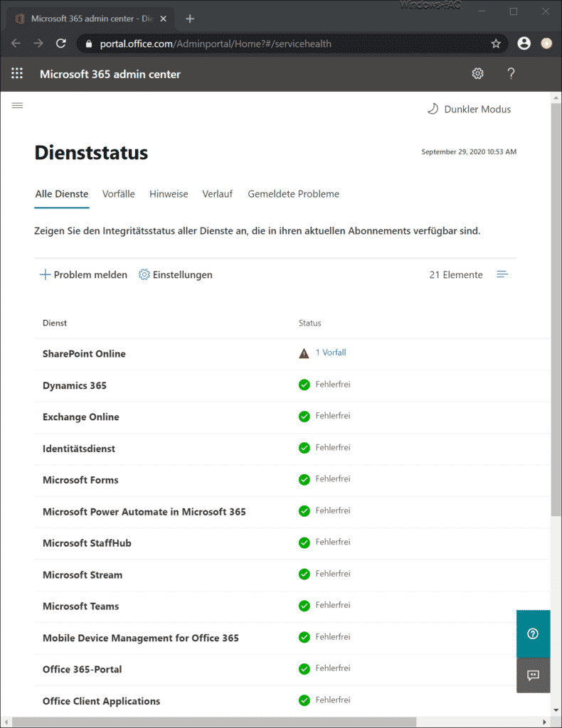 Microsoft 365 Admin Center Dienststatus