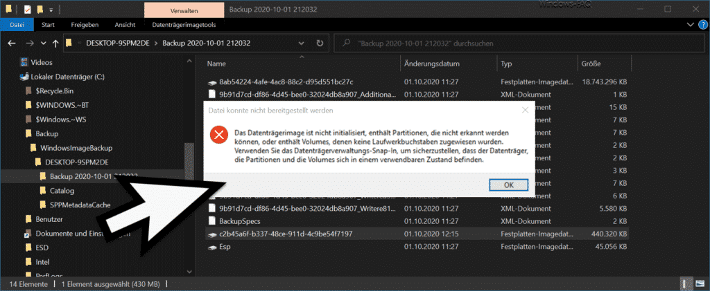 Das Datenträgerimage ist nicht initialisiert, enthält Partitionen...