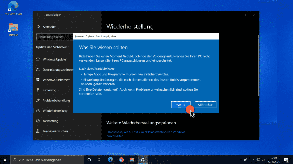 Hinweise vor Deinstallation 20H2