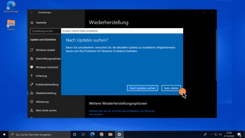 Vor Deinstallation 20H2 nach Updates suchen