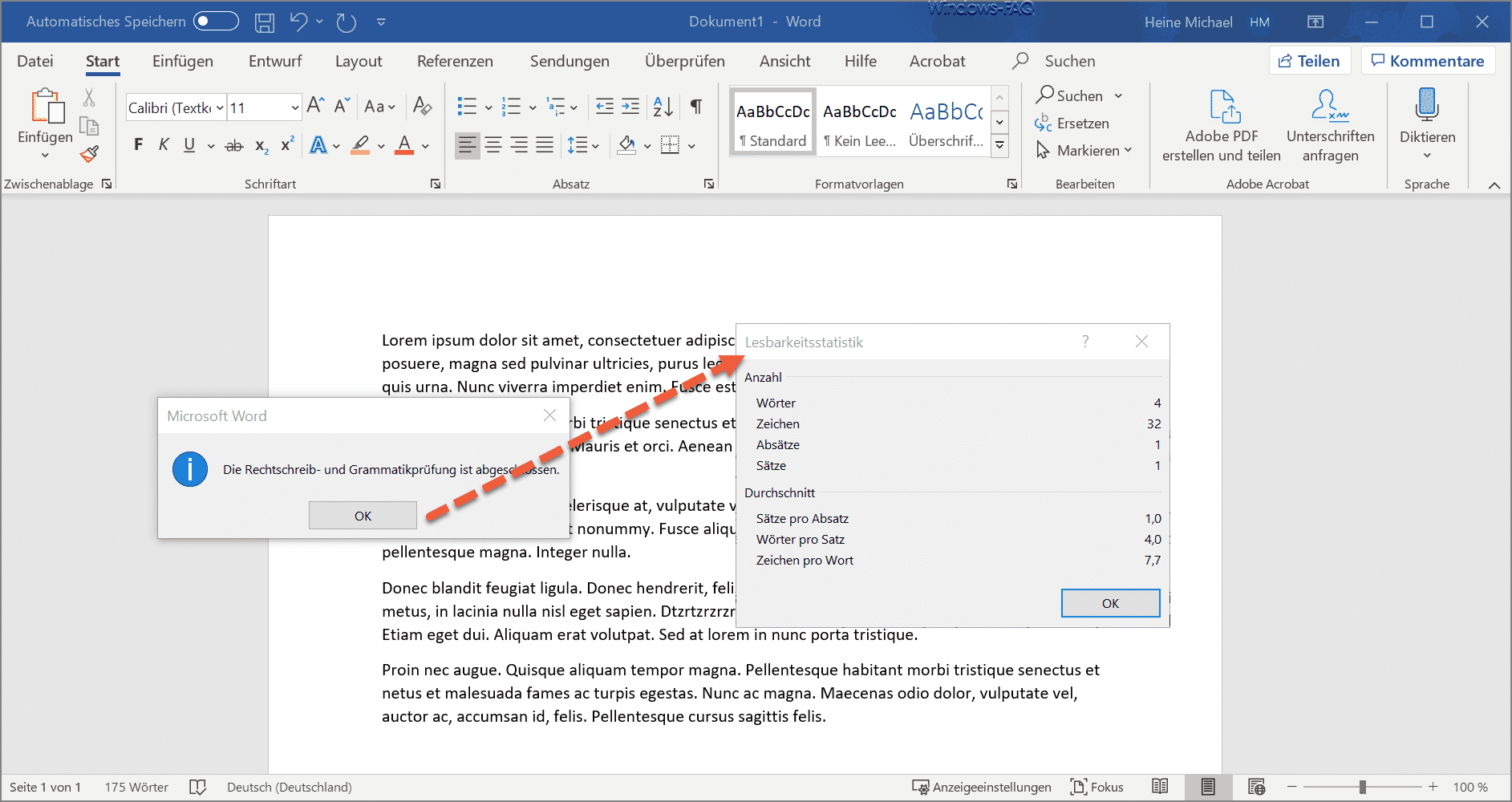 Lesbarkeitsstatistik im Word aktivieren nach Rechtschreibprüfung