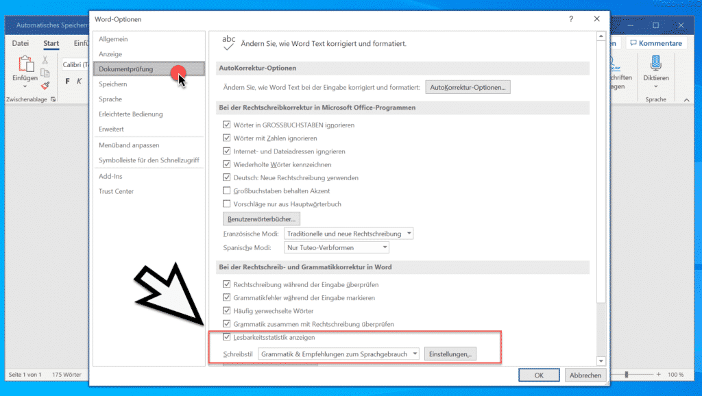 Lesbarkeitsstatistik anzeigen Option im Word