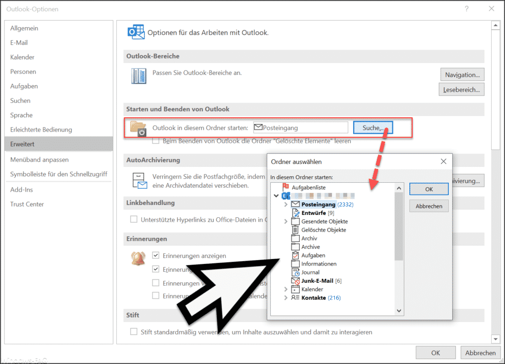 Outlook in diesem Ordner starten