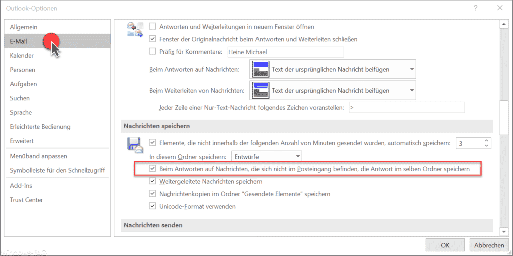 Beim Antworten auf Nachrichten die sich nicht im Posteingang befinden die Antwort im selben Ordner speichern