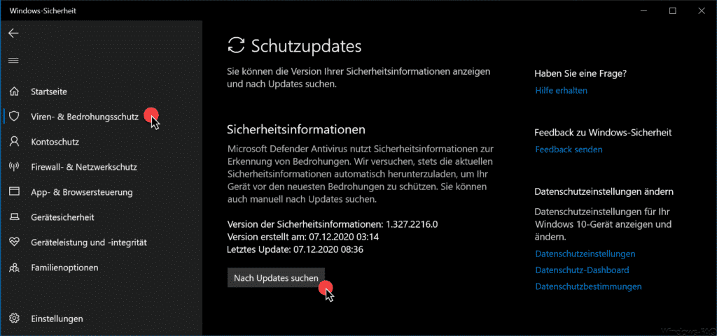 Windows Defender nach Updates suchen