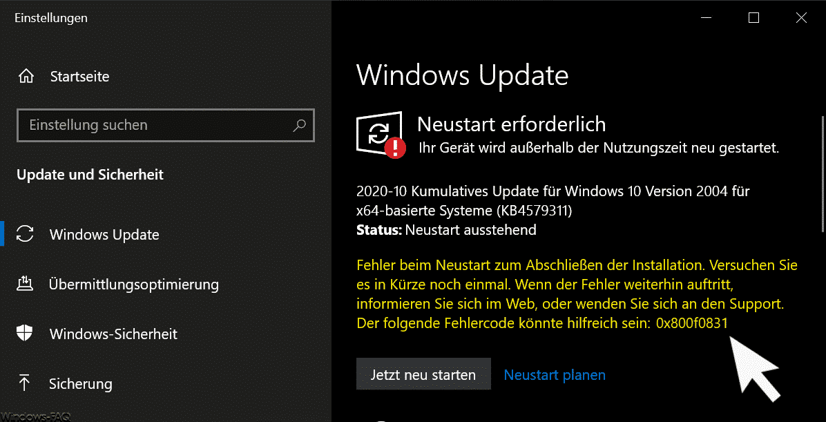 Windows Update Fehlercode 0x800f0831