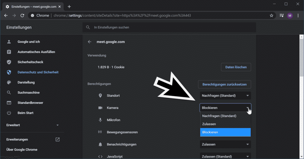 Chrome Berechtigungen Mikrofon und Kamera pro Webseite