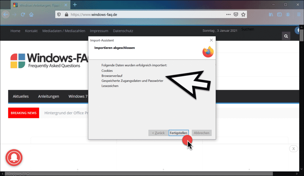 Daten erfolgreich in Firefox importiert