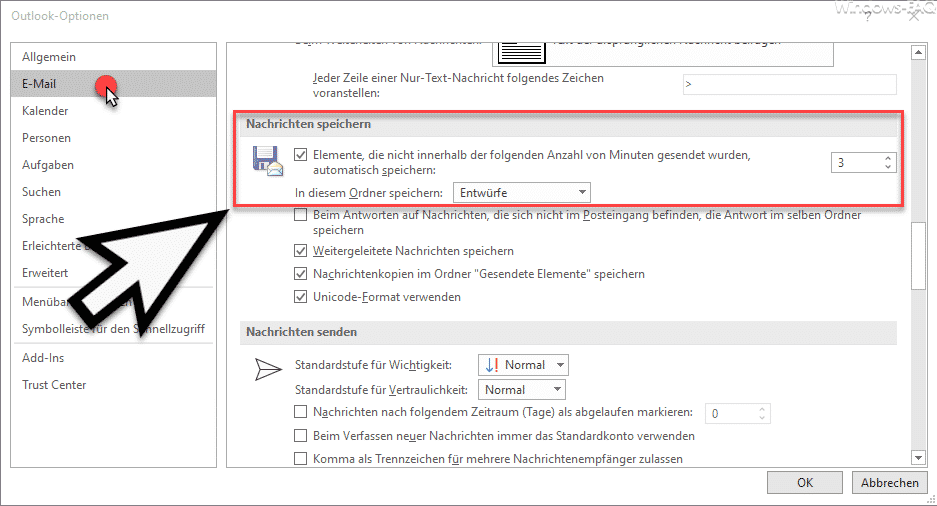 Angefangene E-Mails im Outlook automatisch nach x Minuten speichern