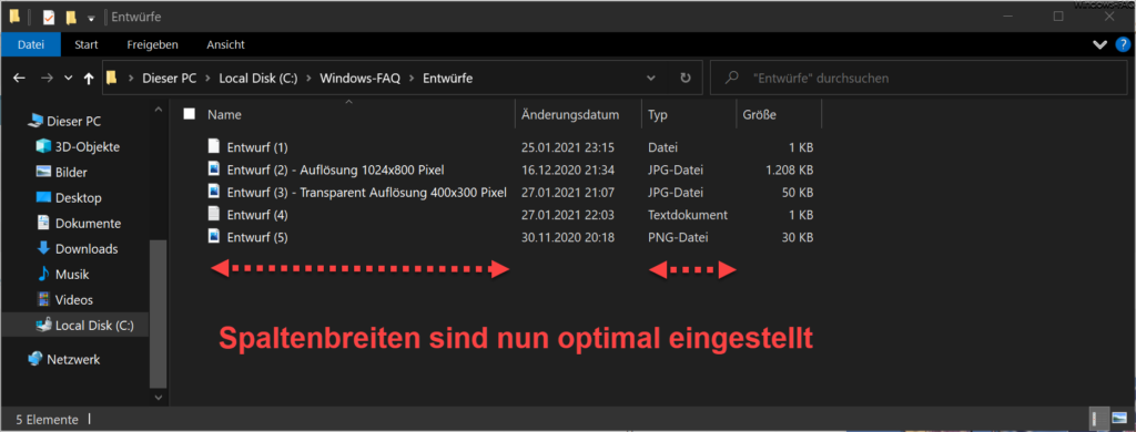 Explorer Spaltenbreite der Ansicht optimal eingestellt