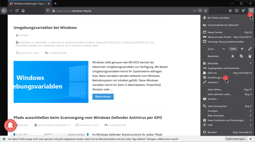 Firefox Menü Einstellungen