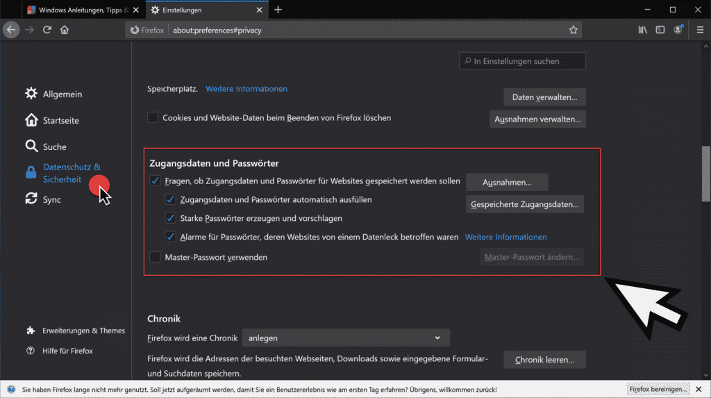 Firefox Zugangsdaten und Passwörter