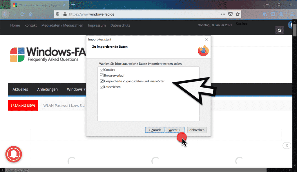 Firefox zu importierende Daten