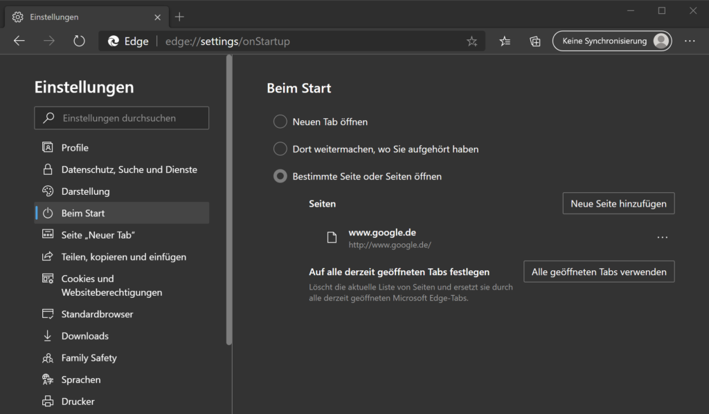 Google als Startseite eingerichtet beim Edge Chromium